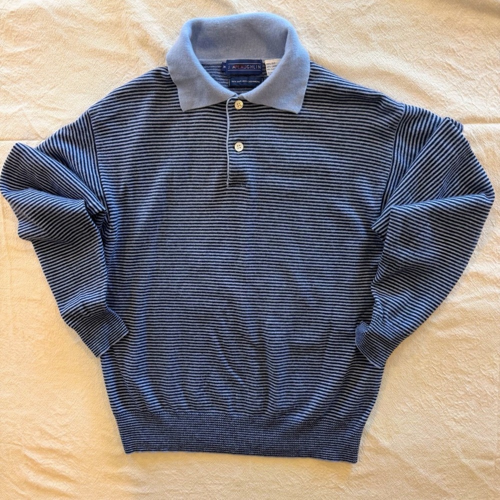 J McLaughlin Polo Shirt Mens Large Green Blue Striped Pima Cotton Golf Pocket